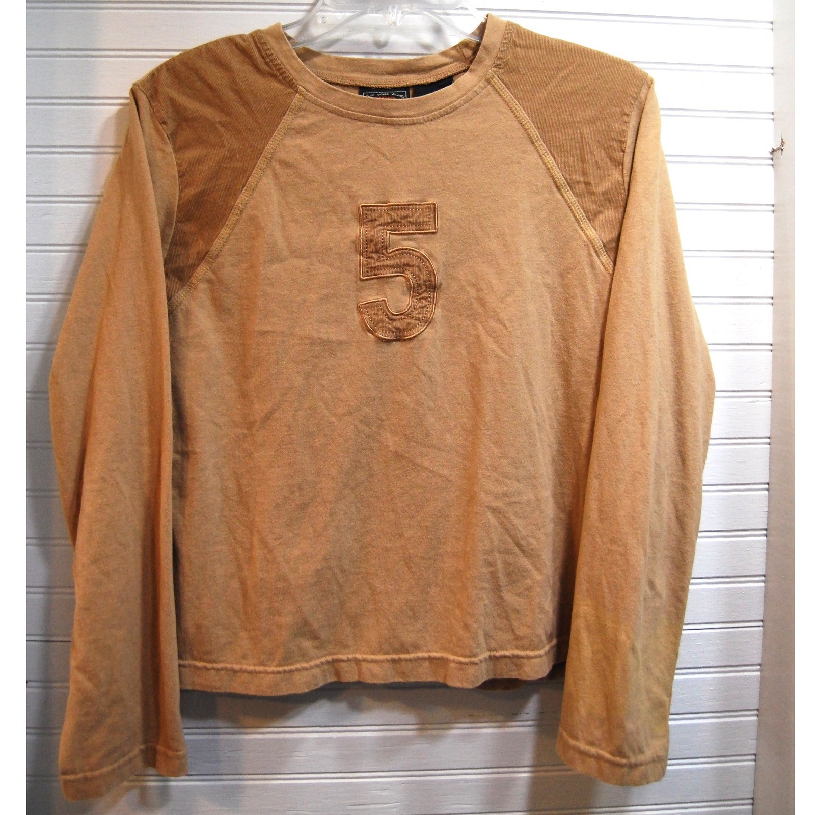 Women's Y2k Cropped T-Shirt Size Xl Long-Sleeve Varsity No. 5 Corduroy Shoulders